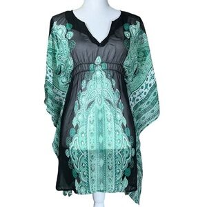 Tramp Tunic Top Sheer Batwing Slit Sleeves Pullover Blouse Batik Aztec Green SM